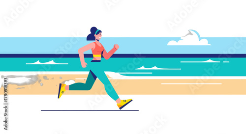 Woman Runs Energetically Along Shoreline, Exercise and Beachside Fitness Conceptualization