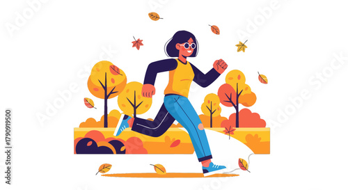 Woman Runs Through Autumnal Park With Trees and Falling Leaves Vector Illustration