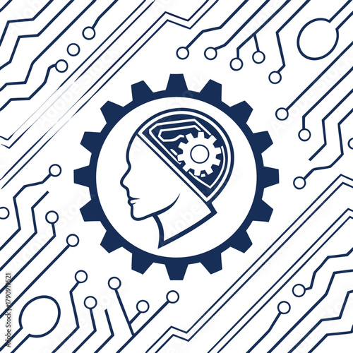 Intelligent AI concept with human profile, gears and digital circuitry representing technological advancement and innovation