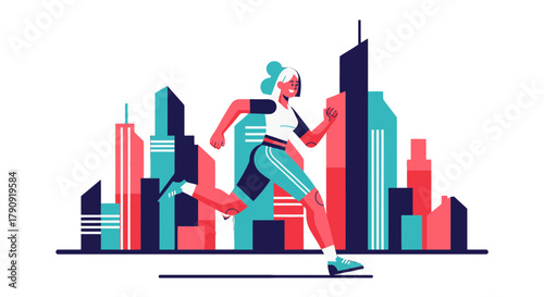 Woman Runs Through Urban Landscape, Representing Fitness And Modern Lifestyle Elements