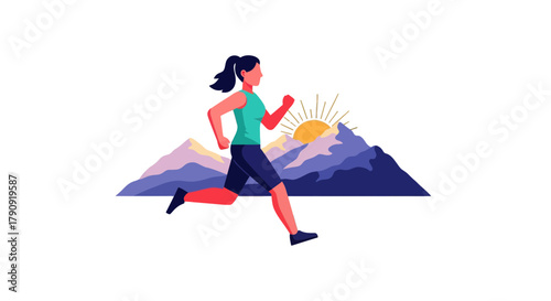 Woman Runs Towards The Sunrise Past Mountains Creating A Symbol Of Freedom And Wellness
