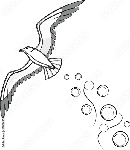 Graceful seagull soars through open sky leaving a trail of abstract bubbles and swirls, evoking freedom and nature's beauty.