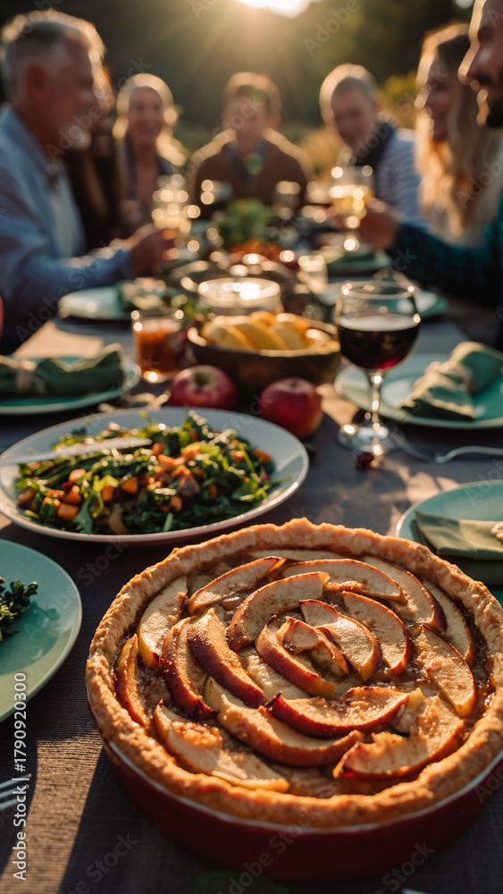 Fototapeta premium Thanksgiving family dinner. Traditional apple pie and vegan meal close up, with blurred happy people around the table celebrating the holiday.