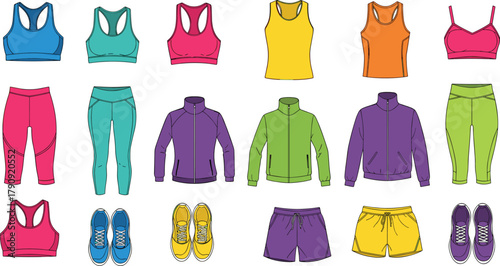 Athletic clothing and footwear set, colorful workout apparel grid, sports bras, leggings, sneakers, tank tops, vector design, activewear fashion illustration