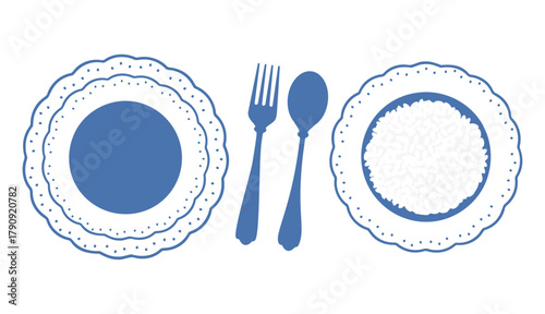 blue dinner plates with fork and spoon vector, lace edge tableware set with plain plate and rice serving, minimal kitchen illustration for menu, restaurant, and packaging design