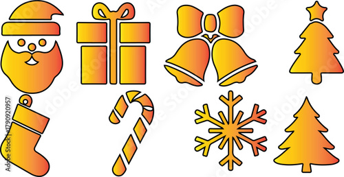 Collection of Festive Christmas Icons Featuring Santa Claus Gift Box Candy Cane Snowflake Jingle Bells and Pine Trees Perfect for Seasonal Decorations and Celebrations