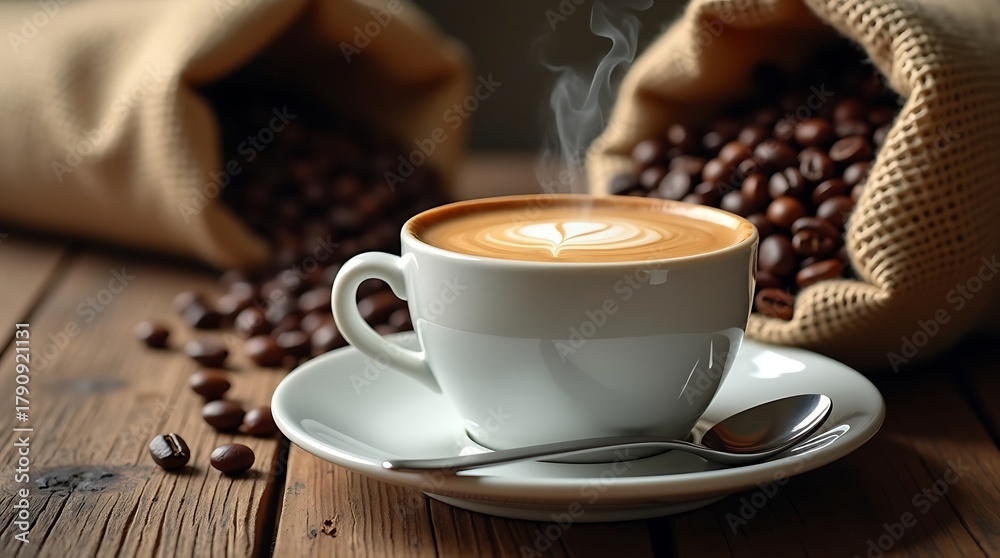 Obraz premium A cup of coffee with coffee beans on a wooden table background