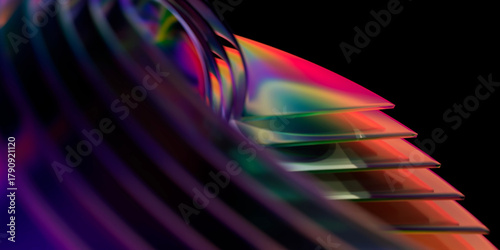 Foto Elegant abstract 3D render glass shapes with multicolor reflections on a dark ba