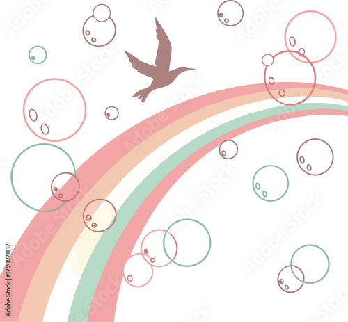 Whimsical bird soars past pastel rainbow and floating bubbles, evoking dreams and imagination for children's themes and gentle design
