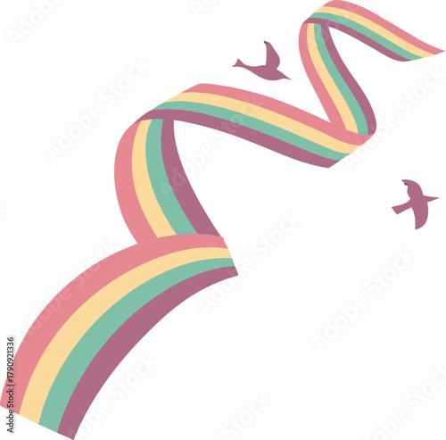 Soaring rainbow ribbon with graceful birds symbolizes hope and freedom in a vibrant, uplifting scene