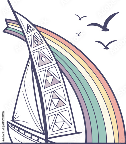 Whimsical sailboat glides through pastel rainbow arc with birds soaring joyfully overhead, evoking dreams of adventure and hope.