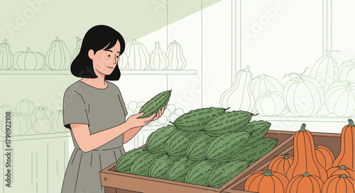Woman Examining Bitter Melon At The Grocery Store, Healthy Food Choices In Market