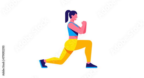 Woman Executes Lunge Exercise with Vivid Colors Depicting Fitness and Wellness.
