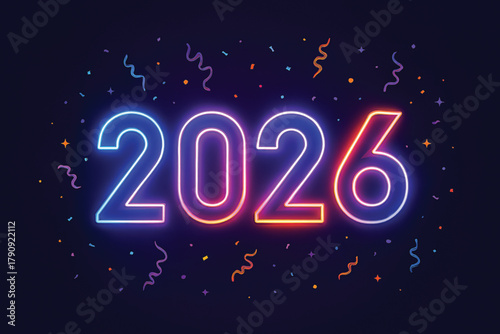 Futuristic “2026” Neon Typography with Confetti