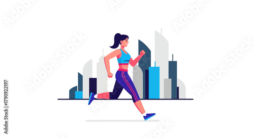 Woman Exercising Near City Buildings, Sportswoman Running in Front of Skyline Artwork