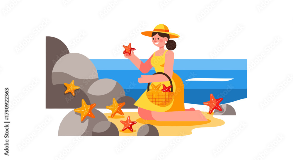 Obraz premium Woman Collecting Starfish On The Beach Near The Sea On A Sunny Day Illustration