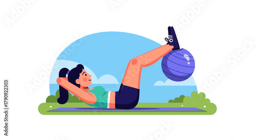Woman Exercising With Purple Fitness Ball Illustrative Graphic Isolated on Black Background