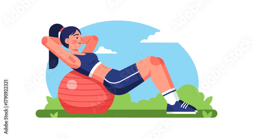 Woman Exercising With Fitness Ball Demonstrates A Healthy Lifestyle Outdoors During Sunny Day