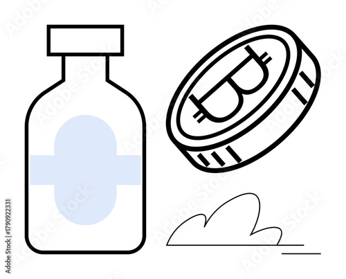 Bitcoin-inspired coin near a medical bottle evokes themes of finance, medicine, innovation. Ideal for blockchain, investments, healthcare costs, technology, pharmaceutical research, digital economy