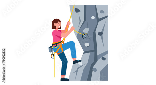 Woman Climbing Wall Illustration Depicting Courage, Perseverance, and Physical Acumen