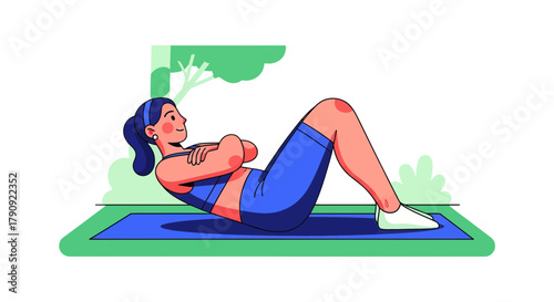Woman Exercising, Doing Crunches Outdoors, On Mat, For Health And Fitness Goals