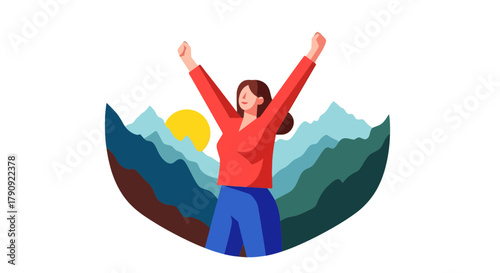 Woman Exults At Sunset With Mountain Backdrop Illustrating Achievement and Triumph