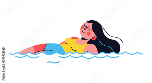 Woman Floating In Dark Water, Enjoying Summer Recreation, Peaceful And Relaxed Scene