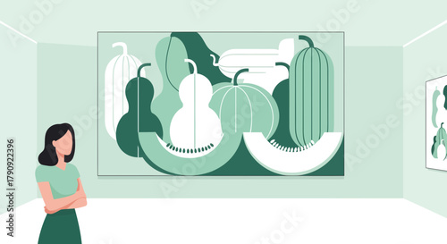 Woman Contemplating Abstract Fruit Art, Modern Gallery Aesthetic, Artistic Appreciation Scene