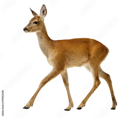 Png of a young roe deer walking isolated on transparent background, showcasing its slender build and graceful movement in nature