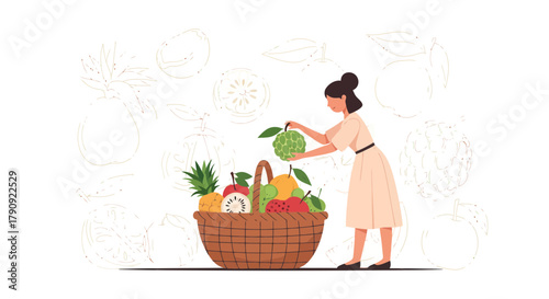 Woman Curating a Basket of Freshly Harvested Fruits for a Healthy Lifestyle