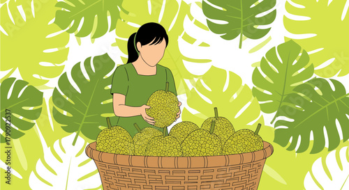 Woman Harvesting Durian Fruits from a Basket with Tropical Foliage Background
