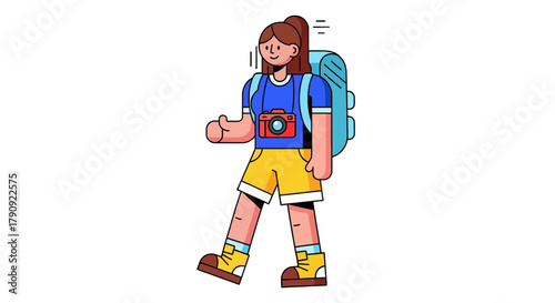 Woman Hiker Carrying Backpack, Camera, Walking On A Trek Adventure, Black Background No Text