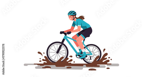 Woman Cycling Through Puddle of Mud, Illustrated Depiction of Action and Sport on Black Background
