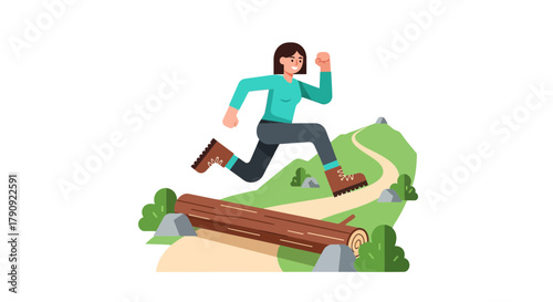 Woman Hiker Jumps Over A Log On A Trail: Adventure, Outdoors, And Challenge