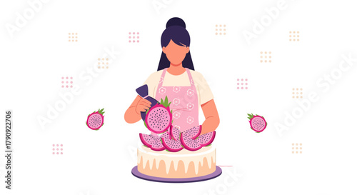 Woman Decorating Delicious Cake With Exotic Dragon Fruit Beautiful Tropical Dessert