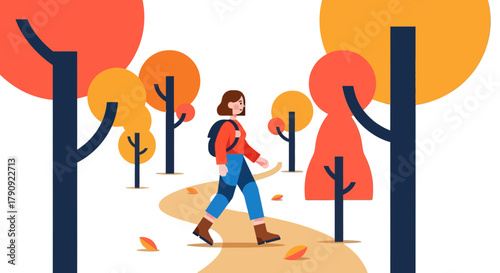 Woman Hiking Through Autumn Woods Path, Under Bright Trees in Vector Style