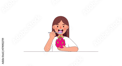 Woman Delightedly Eating Dragon Fruit: A Vibrant Illustration of Healthy Consumption