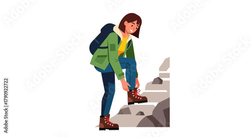 Woman Hiking Up Mountain Steps With Backpack and Putting On Her Boots To Hike