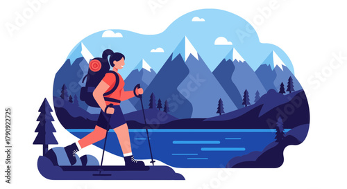 Woman Hiking Through Mountainous Terrain Depicted in Artistic Vector Illustration