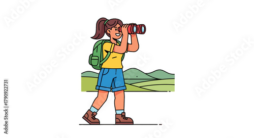 Woman Hiking with Binoculars Observing Landscape Nature and Adventure Outdoors