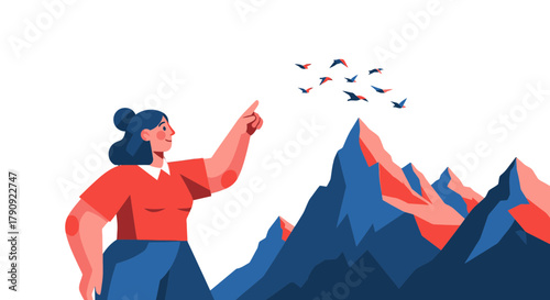 Woman Directing Birds Over Mountains Against a Black Background Artistic Illustration