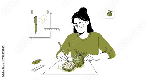 Woman Depicting Custard Apple Illustration on Paper While Focusing Meticulously