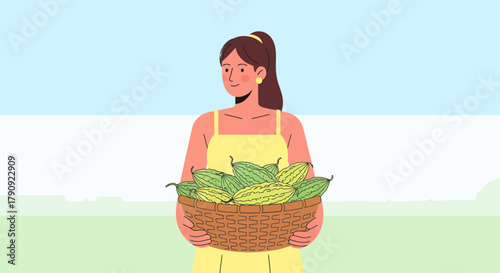 Woman Holding Bitter Melon Basket With A Warm Expression In A Green Field