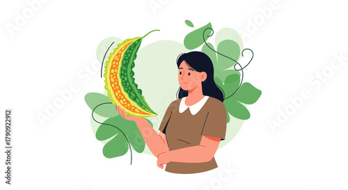 Woman Holding Bitter Melon Illustratation Surrounded by Leaves Nature Theme Concept