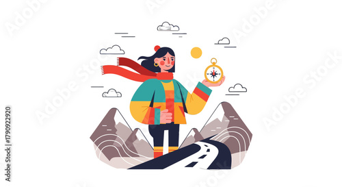 Woman Holding Compass: Journey, Mountain, And Exploration In A Vector Illustration