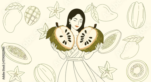 Woman Holding Custard Apple Surrounded by Various Tropical Fruits and Floral Elements