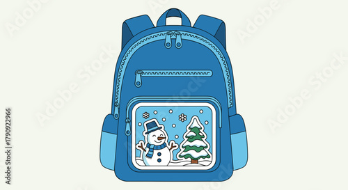 Blue children’s backpack  with a winter scene featuring a snowman and a Christmas tree on a light background