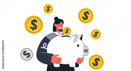 Woman Embraces Piggy Bank Representing Financial Growth And Monetary Investments