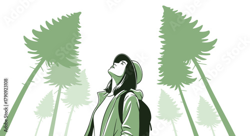 Woman Embracing Nature's Beauty Amidst Tall Trees, Looking Up Towards the Sky