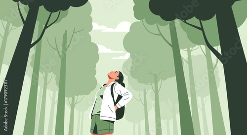 Woman Embracing Nature's Beauty Amidst Forest Trees In Green Tone Illustration Style
